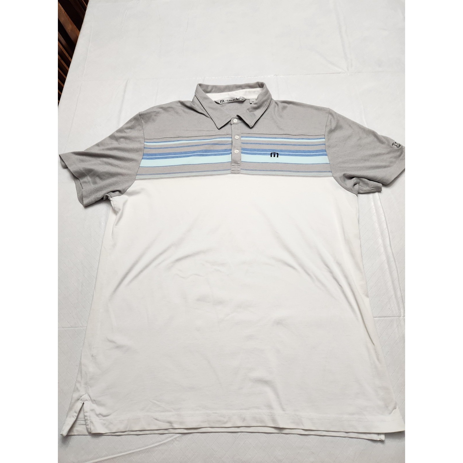 Travis Mathew Polo Shirt Mens 2xl Gray Blue White Striped Golf Trilogy Ocala